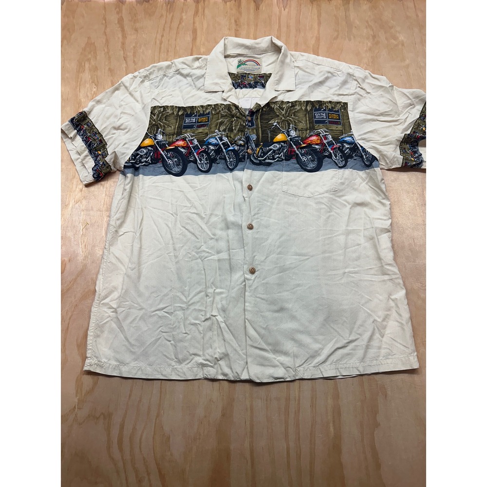 Paradise Found Mens XL Motorcycle Tapa Time Saloon Hawaiian Camp Shirt Cream
